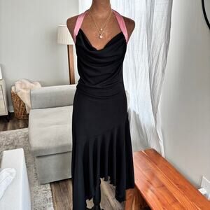 Vintage Y2K Wrapper Dress Cowl Neck Halter Asymmetrical Hem 90s Fairy Black S